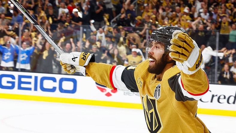 LAS VEGAS, NV - JUNE 13: Chandler Stephenson #20 of the Vegas Golden Knights celebrates a goal during Game Five of the NHL Stanley Cup Final between the Florida Panthers and the Vegas Golden Knights on June 13, 2023 at T-Mobile Arena in Las Vegas, Nevada. (Photo by Jeff Speer/Icon Sportswire)