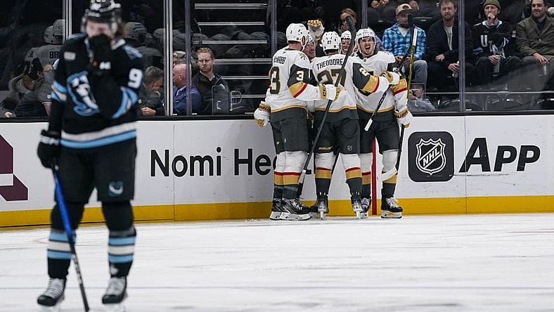 SALT LAKE CITY, UT - NOVEMBER 20: The Las Vegas Golden Knights celebrate a second period goal scored by Jack Eichel #9 of the Las Vegas Golden Knights during an NHL game between the Las Vegas Golden Knights and the Utah Mammoth on November 20, 2025 at the Delta Center in Salt Lake City, UT. (Photo by Aaron Baker/Icon Sportswire)