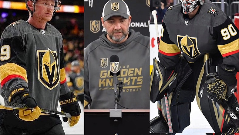 Peter DeBoer, Robin Lehner, Jack Eichel Vegas Golden Knights