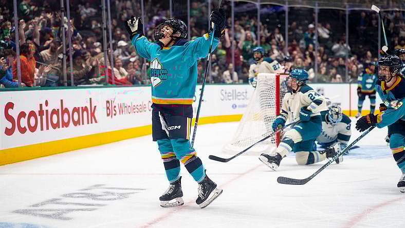 New York Sirens rookie forward Casey O'Brien celebrates after scoring a hat trick against the Seattle Torrent.