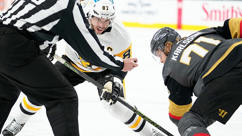 Sidney Crosby William Karlsson faceoff Vegas Golden Knights (Photo- Pittsburgh Penguins via Twitter)