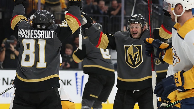 Evgenii Dadonov and Jonathan Marchessault celebrate goal (Photo- Vegas Golden Knights via Twitter)