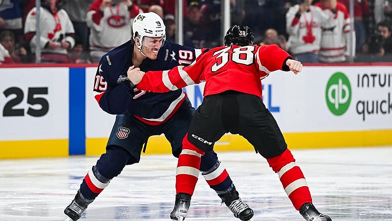 MONTREAL, QC - FEBRUARY 15: Team Canada forward Brandon Hagel (38) fights against Team USA forward Matthew Tkachuk (19) during a 4 Nations Face-Off game between Team USA and Team Canada on February 15, 2025, at Bell Centre in Montreal, QC (Photo by David Kirouac/Icon Sportswire)