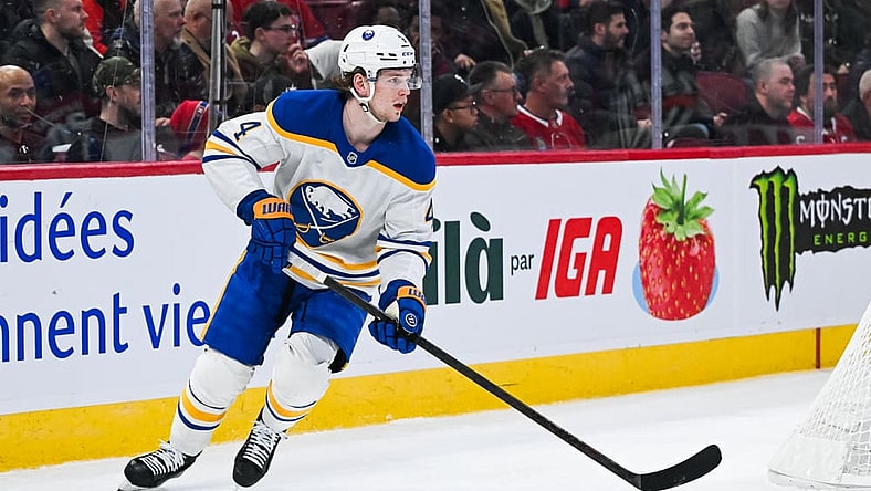 MONTREAL, QC - MARCH 03: Buffalo Sabres defenseman Bowen Byram (4) plays the puck during the Buffalo Sabres versus the Montreal Canadiens game on March 03, 2025, at Bell Centre in Montreal, QC (Photo by David Kirouac/Icon Sportswire)