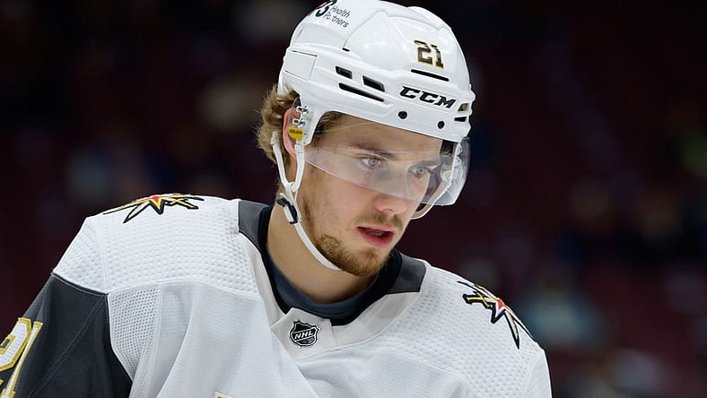 VANCOUVER, BC - NOVEMBER 21: Vegas Golden Knights center Brett Howden (21) warms up prior to their NHL game against the Vancouver Canucks at Rogers Arena on November 21, 2022 in Vancouver, British Columbia, Canada. (Photo by Derek Cain/Icon Sportswire)