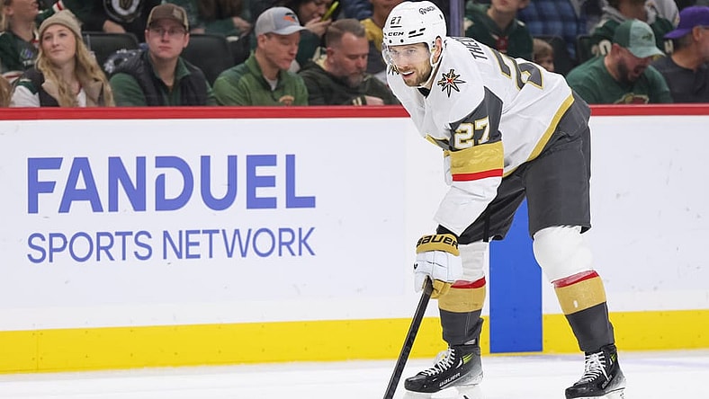 ST. PAUL, MN - DECEMBER 15: Vegas Golden Knights defenseman Shea Theodore (27) lines up for a play during the NHL game between the Vegas Golden Knights and Minnesota Wild on December 15th, 2024, at the Xcel Energy Center in St. Paul, MN. (Photo by Bailey Hillesheim/Icon Sportswire)