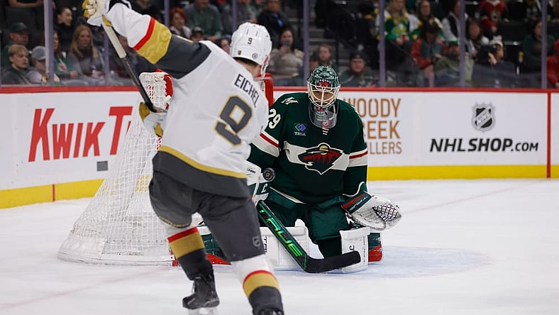 ST. PAUL, MN - MARCH 25: Minnesota Wild goaltender Marc-Andre Fleury (29) makes a save on a shot from Vegas Golden Knights center Jack Eichel (9) during first period of the NHL game between the Vegas Golden Knights and Minnesota Wild on March 25th, 2025, at the Xcel Energy Center in St. Paul, MN. (Photo by Bailey Hillesheim/Icon Sportswire)