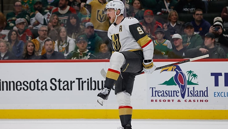 ST. PAUL, MN - MARCH 25: Vegas Golden Knights center Jack Eichel (9) celebrates scoring his second goal of the game during the third period of the NHL game between the Vegas Golden Knights and Minnesota Wild on March 25th, 2025, at the Xcel Energy Center in St. Paul, MN. (Photo by Bailey Hillesheim/Icon Sportswire)
