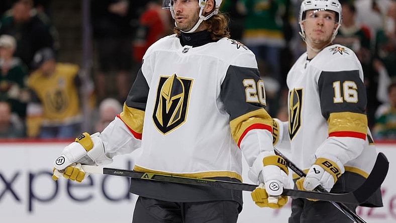 ST. PAUL, MN - APRIL 26: Vegas Golden Knights left wing Brandon Saad (20) looks on during the overtime period of Game Four of the First Round of the 2025 Stanley Cup Playoffs between the Vegas Golden Knights and Minnesota Wild on April 26th, 2025, at the Xcel Energy Center in St. Paul, MN. (Photo by Bailey Hillesheim/Icon Sportswire)
