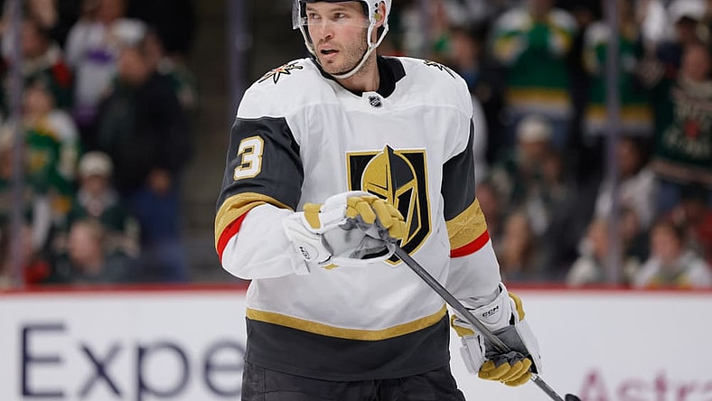 ST. PAUL, MN - APRIL 26: Vegas Golden Knights defenseman Brayden McNabb (3) looks on during the overtime period of Game Four of the First Round of the 2025 Stanley Cup Playoffs between the Vegas Golden Knights and Minnesota Wild on April 26th, 2025, at the Xcel Energy Center in St. Paul, MN. (Photo by Bailey Hillesheim/Icon Sportswire)