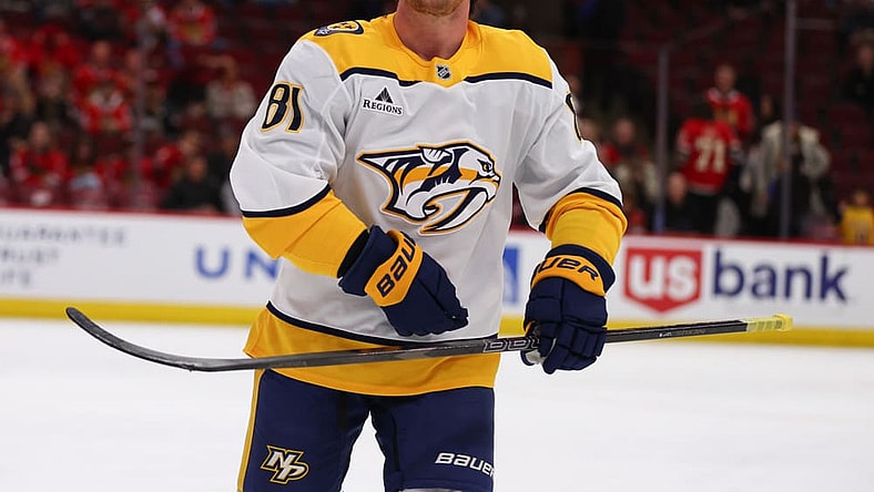CHICAGO, IL - FEBRUARY 07: Jonathan Marchessault #81 of the Nashville Predators prior to a game against the Chicago Blackhawks on February 7, 2025 at the United Center in Chicago, Illinois. (Photo by Melissa Tamez/Icon Sportswire)
