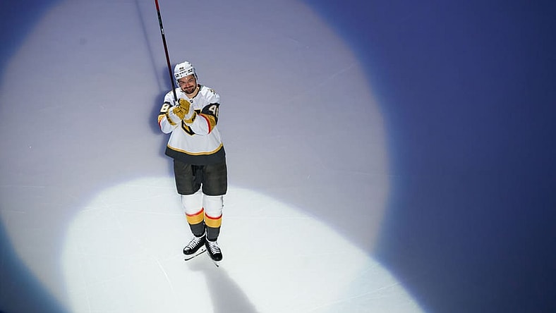 SAN JOSE, CA - DECEMBER 27: San Jose Sharks celebrates the return of Vegas Golden Knights center Tomas Hertl (48) before a NHL game between the Vegas Golden Knights and the San Jose Sharks on December 27, 2024 at SAP Center in San Jose, CA. (Photo by Trinity Machan/Icon Sportswire)
