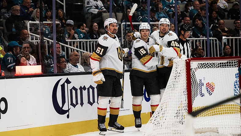 SAN JOSE, CA - OCTOBER 09: Vegas Golden Knights right wing Pavel Dorofeyev (16) celebrates with teammates after scoring the second goal in the second period during a NHL game between the Vegas Golden Knights and the San Jose Sharks on October 09, 2025 at SAP Center in San Jose, CA. (Photo by Trinity Machan/Icon Sportswire)