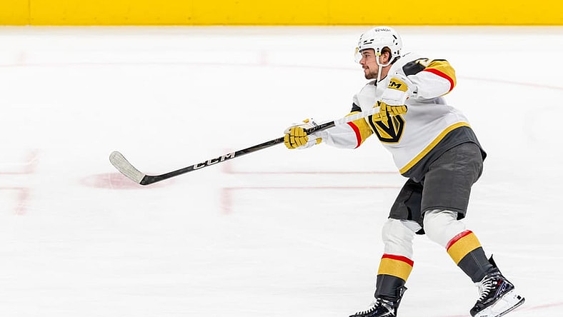 SAN JOSE, CA - JANUARY 07: Vegas Golden Knights right wing Alexander Holtz (26) warms up before a NHL game the San Jose Sharks on January 7, 2025 at SAP Center at San Jose in San Jose, CA. (Photo by Matthew Huang/Icon Sportswire)