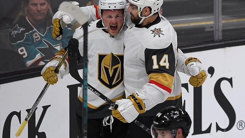 Vegas Golden Knights Jack Eichel and Nicolas Hague after Eichel's first goal as a Vegas Golden Knight (Photo- Vegas Golden Knights via Twitter)
