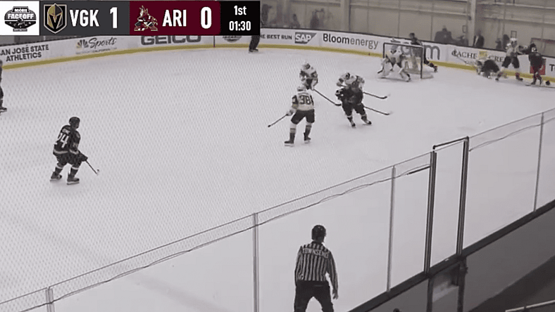 Vegas Golden Knights prospect Joe Fleming fights Arizona Coyotes prospect Jack McBain.