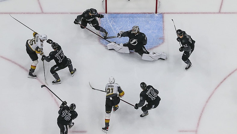 Vegas Golden Knights Brett Howden scores a goal against the Tampa Bay Lightning (Photo- Vegas Golden Knights via Twitter)