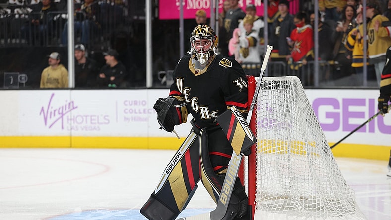 Logan Thompson, Vegas Golden Knights reverse retro (Photo- Vegas Golden Knights via Twitter)