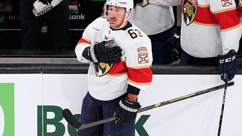 Florida Panthers forward Brad Marchand reacts to the Boston crowd during the first period of Tuesday’s game at the Garden. (AP Photo/Charles Krupa)