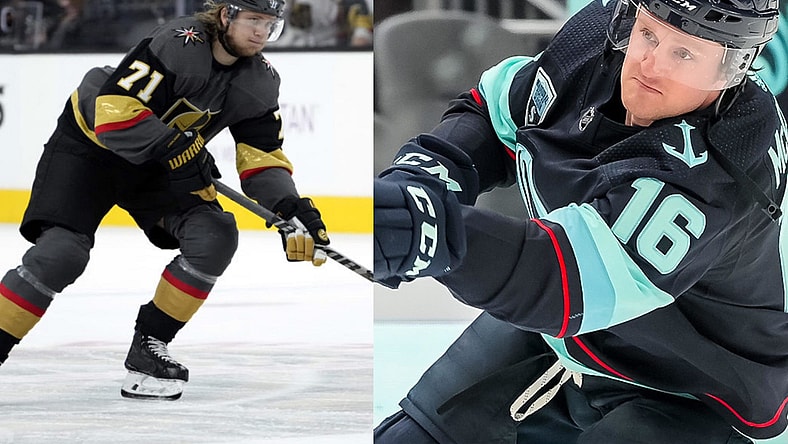 Seattle Kraken Jared McCann (Photo- Seattle Kraken via Twitter) LAS VEGAS, NEVADA - SEPTEMBER 28: William Karlsson #71 of the Vegas Golden Knights skates in during a practice shootout against the Colorado Avalanche at T-Mobile Arena on September 28, 2021 in Las Vegas, Nevada. (Photo by Jeff Bottari/NHLI via Getty Images)