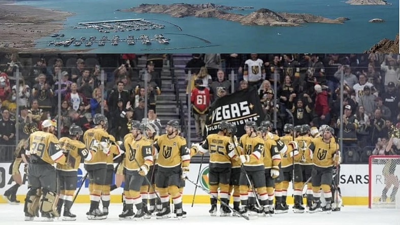Vegas Golden Knights team photo (Photo- Vegas Golden Knights via Twitter) and Lake Mead (Photo- Owen Krepps)