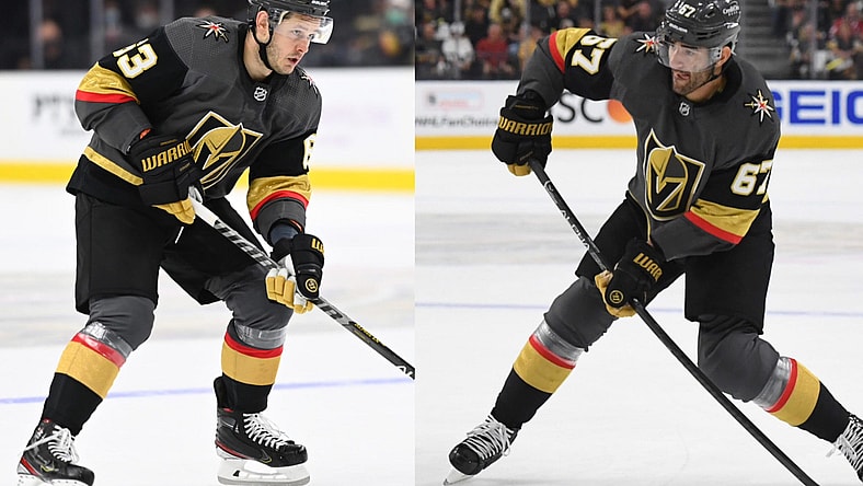LAS VEGAS, NEVADA - JUNE 14: Max Pacioretty #67 of the Vegas Golden Knights shoots the puck during the first period against the Montreal Canadiens in Game One of the Stanley Cup Semifinals at T-Mobile Arena on June 14, 2021 in Las Vegas, Nevada. (Photo by David Becker/NHLI via Getty Images) LAS VEGAS, NEVADA - SEPTEMBER 26: Evgenii Dadonov #63 of the Vegas Golden Knights skates in during a practice shootout against the San Jose Sharks at T-Mobile Arena on September 26, 2021 in Las Vegas, Nevada. (Photo by Jeff Bottari/NHLI via Getty Images)