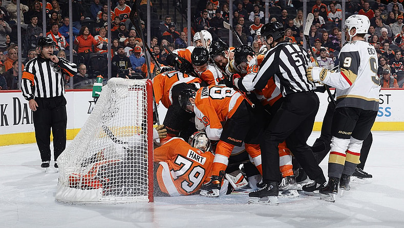Vegas Golden Knights Philadelphia Flyers net scrum (Photo- Philadelphia Flyers via Twitter)