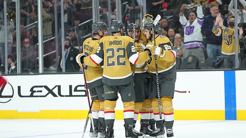 Vegas Golden Knights team goal celebration (Photo- Vegas Golden Knights via Twitter)