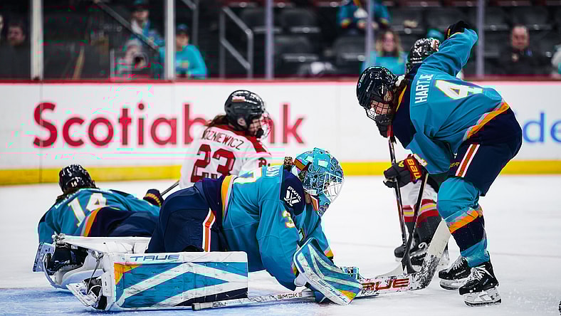 New York Sirens goalie Callie Shanahan covers up the puck against the Ottawa Charge.