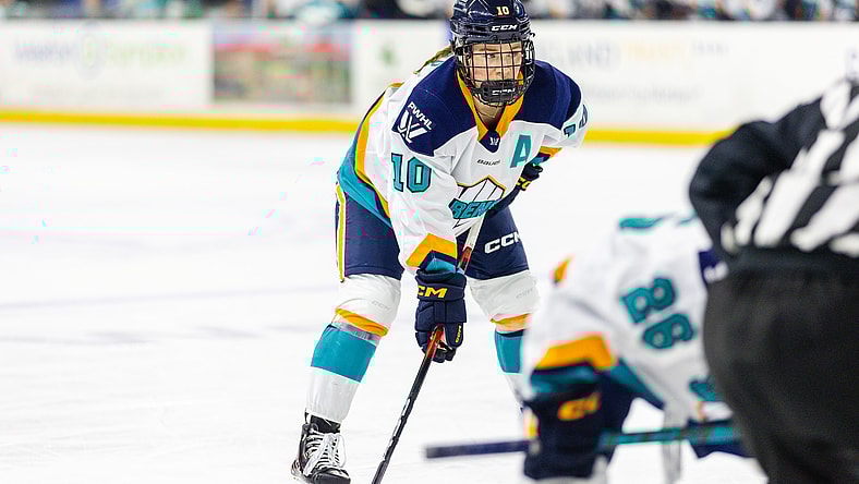 New York Sirens forward Sarah Fillier looks on before a faceoff against the Boston Fleet.