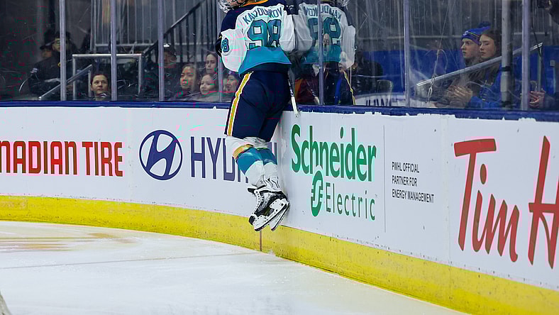 Sirens rookie forward Kristyna Kaltounkova leaps against the boards after scoring two goals against the Toronto Sceptres.