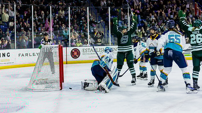 Boston Fleet forward Ella Huber celebrates with rookie Abby Newhook after scoring a goal against the New York Sirens to put Boston up 2-0.