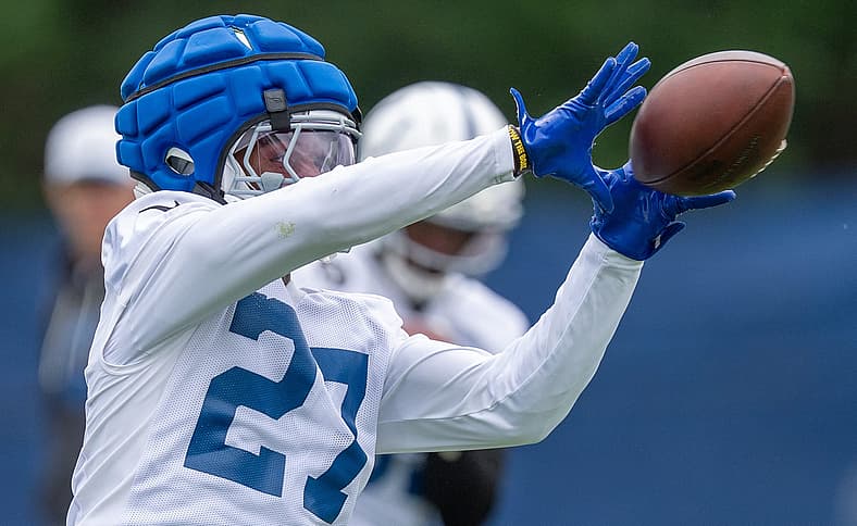 Indianapolis Colts cornerback Justin Walley (27) pulls in a pass Monday, June 1, 2026, during practice at the Indiana Farm