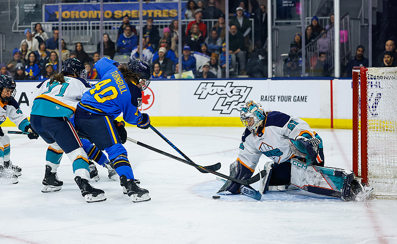 Toronto Sceptres forward Blayre Turnbull gets denied by New York Sirens goalie Kayle Osborne.
