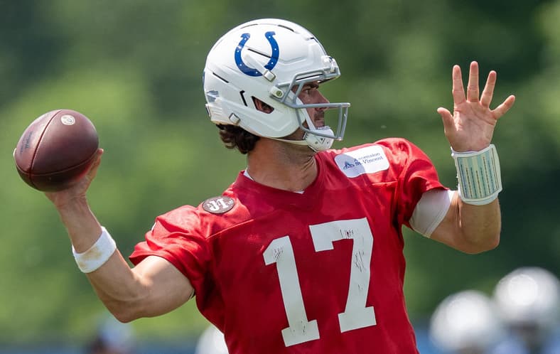Indianapolis Colts quarterback Daniel Jones (17) throws Wednesday, June 10, 2026, during minicamp at Indiana Farm Bureau