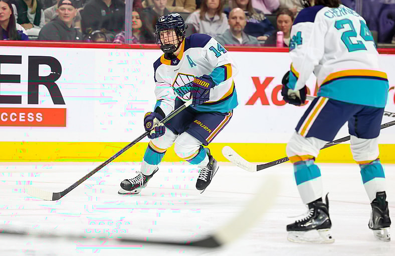 New York Sirens defender Jaime Bourbonnais carries the puck against the Minnesota Frost.