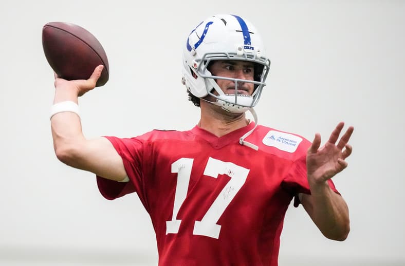 Indianapolis Colts quarterback Daniel Jones (17) throws the ball Wednesday, May 27, 2026, during practice at the Indiana Farm