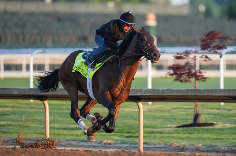 2026 Kentucky Derby hopeful Litmus Test, ridden by Martin Garcia, works during morning training at Churchill Downs in