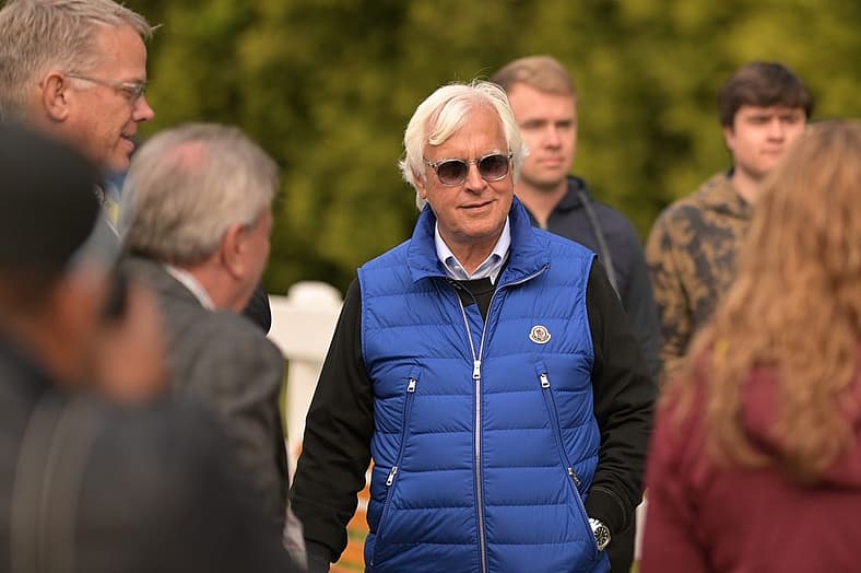May 19, 2023; Baltimore, Maryland, USA; Bob Baffert, American racehorse trainer, walks near the Stakes Barn after morning work outs prior to the running off the at Pimlico Race Course. Mandatory Credit: Tommy Gilligan-USA TODAY Sports