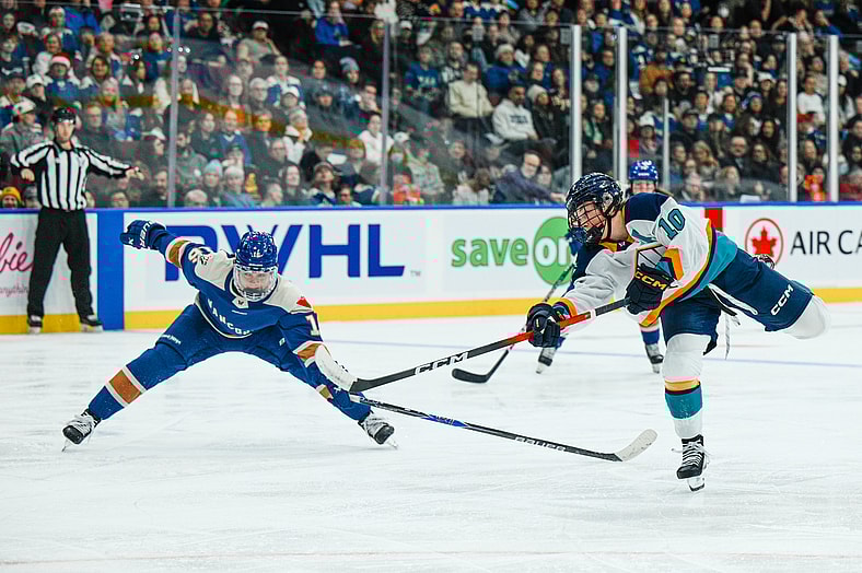 New York Sirens forward Sarah Fillier fires a shot against the Vancouver Goldneyes.