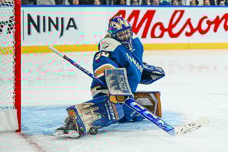 Vancouver Goldeneyes goalie Emerance Maschmeyer makes a kick save against the Toronto Sceptres during a 2-1 Goldeneyes loss.