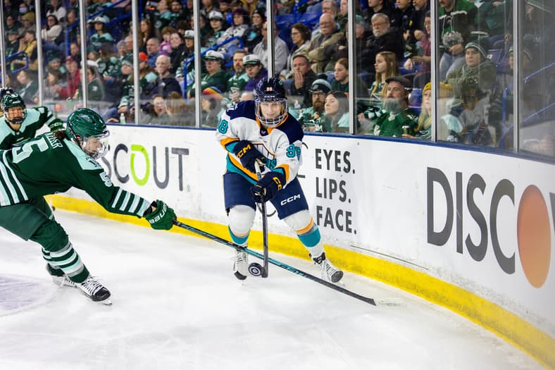 New York Sirens rookie Kristyna Kaltounkova carries the puck against the Boston Fleet.