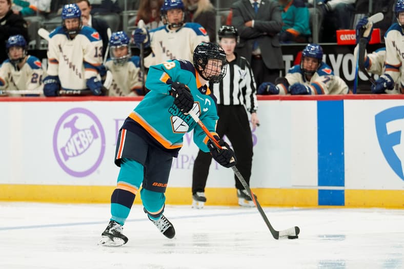 New York Sirens captain Micah Zandee-Hart takes a shot against the Vancouver Goldeneyes.