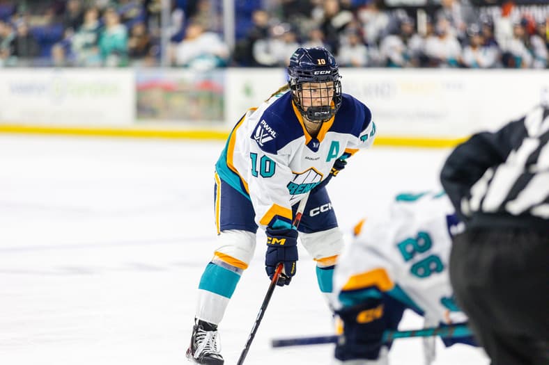 New York Sirens forward Sarah Fillier looks on before a faceoff against the Boston Fleet.