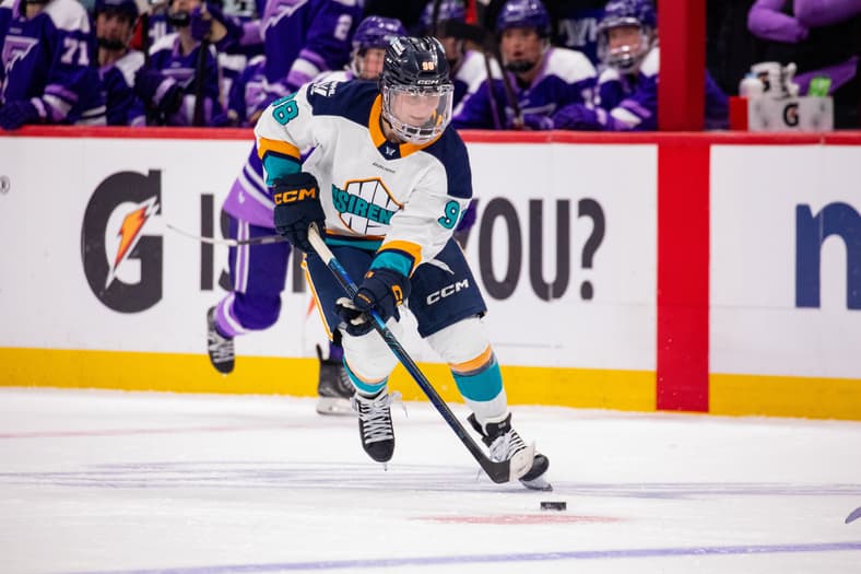 New York Sirens rookie star Kristyna Kaltounkova carries the puck through the zone against the Minnesota Frost.