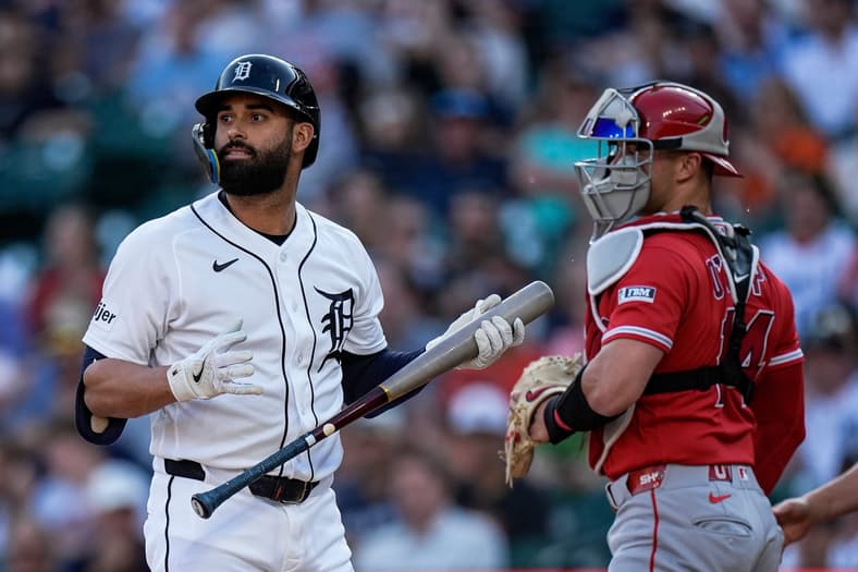Detroit Tigers left fielder Riley Greene (31) reacts to after struck out against Los Angeles Angels during the first inning at