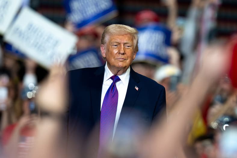 President Donald Trump speaks at a political rally held at Verst Group Logistics in Hebron, Kentucky, on Wednesday, March 11,
