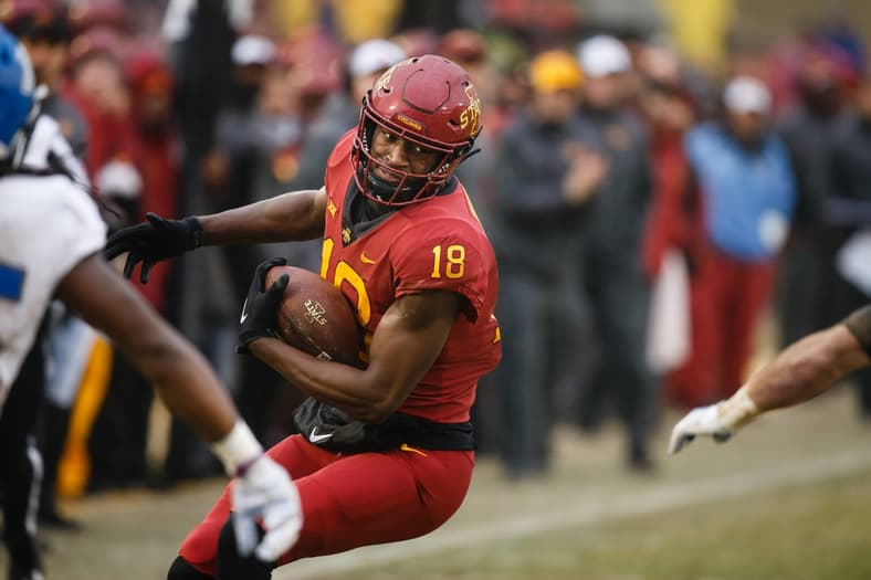 Iowa State's Hakeem Butler (18) catches a pass and turns up field during their football game against Drake at Jack Trice Stadium