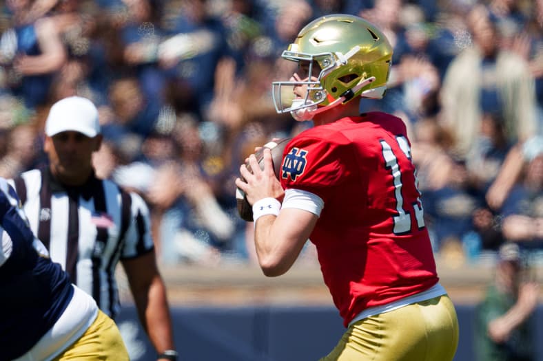 Notre Dame CJ Carr looks to pass the ball during the Blue-Gold spring game at Notre Dame Stadium on Saturday, April 25, 2026, in