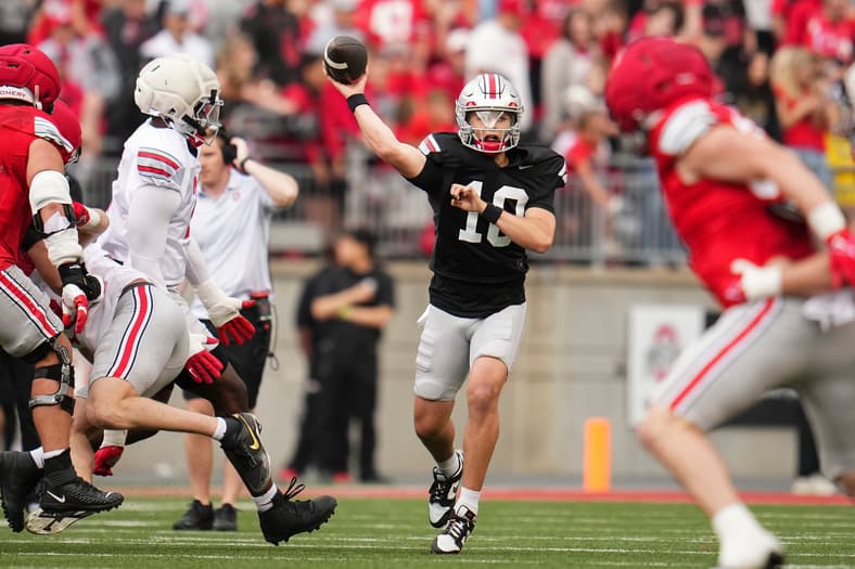 Ohio State quarterback Julian Sayin (10) throws during the team's football spring game at Ohio Stadium in Columbus on April 18,